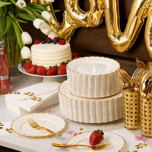 By Madee HEAVYWEIGHT Gold Scalloped Disposable Dinnerware Set 175 Pc - Image 6