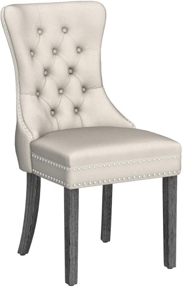 KCC Boucle Dining Chairs Set of 6, Upholstered High-end Tufted Dining Room Chair with Nailhead Back Ring Pull Trim Solid Wood Legs, Contemporary Nikki Collection Modern Style for Kitchen, Cream
