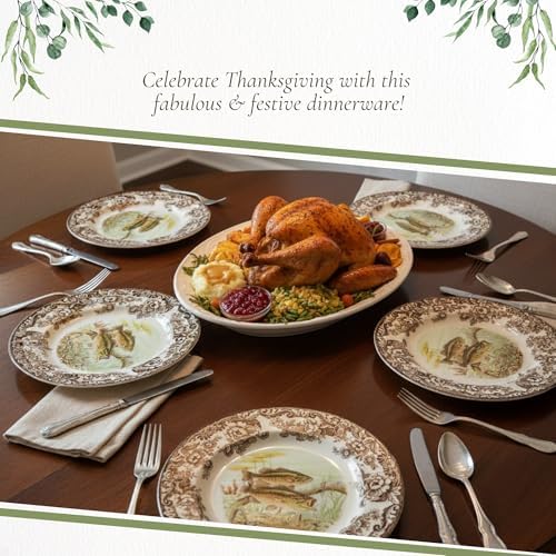Spode Woodland Salmon Salad Plate with British Flowers Border - Brown/White - Image 5