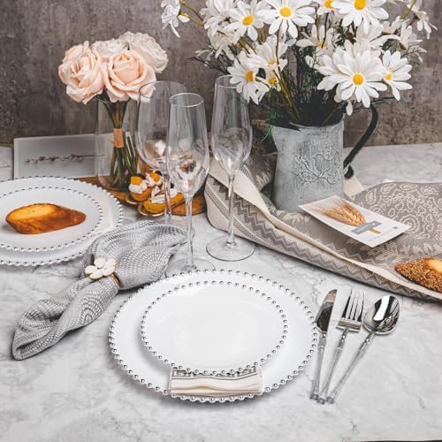 HOMIP 50PCS Disposable White Plastic Plates with Silver Pearl-Beaded Rim - Image 4