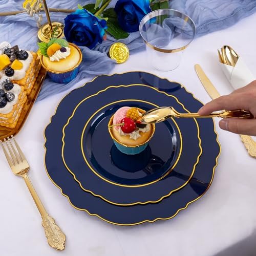 Liacere 175PCS Navy Blue Plastic Plates-Disposable Blue Gold - 25guest Baroque Plastic Dinnerware include 50Plates,25Pack Pre Rolled Napkins with Silverware 25Cups for Party & Wedding & Labor Day - Image 5