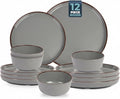 Melamine Dinnerware Sets 12 Piece Unbreakable Plates & Bowls Sets Lightweight Shatterproof Durable Dishware for Camping Picnic Party (Fog Gray)