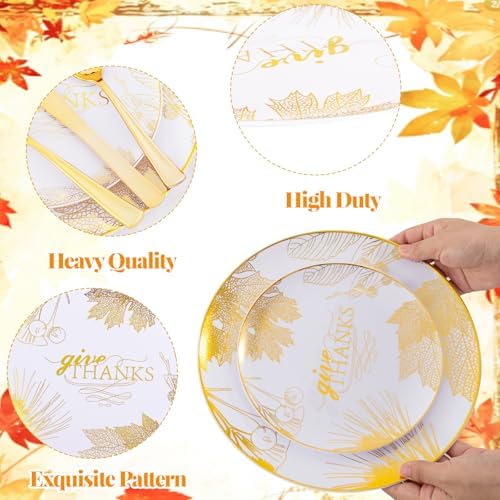 125PCS Thanksgiving Plastic Plates - Gold Disposable Dinnerware Sets - Thanksgiving Maple leaf Plates with Silverware for 25 Guests for Autumn Harvest Party Decor - Image 3
