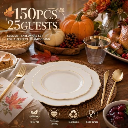 Liacere 150Pcs Ivory Plastic Plates-Ivory and Gold Disposable Plates Set- Ivory and Gold Rim Disposable Plastic Dinnerware include 50Plates,25Pack Silverware and 25Cups for Thanksgiving/Fall Party - Image 4
