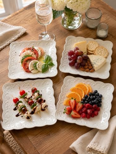 8 Inch Embossed Ceramic Salad Plates Set of 4, White Appetizer Plates with Scalloped Lace Edge, Vintage Square Plates for Salad, Snacks, Brunch, Dessert, Firut, Microwave Oven Dishwasher Safe - Image 7