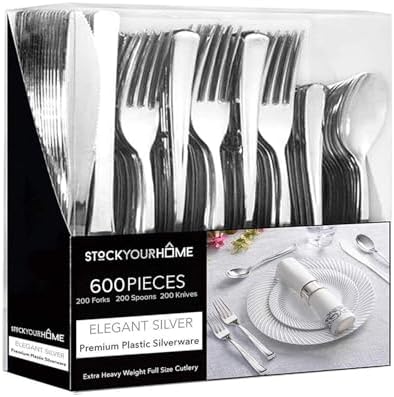 Silver Plastic Silverware Set (600-Pack) – Disposable Heavy Duty Cutlery, 200 Forks, 200 Knives, 200 Spoons for Parties, Weddings, Dinners & Holidays, Stock Your Home by StockYourHome