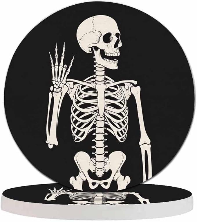 Human Skeleton Posing Drink Coaster for Tabletop Protection Happy Skeleton Rock Skull Non-Slip Cups Place Mats Home Decor Diatomite Material for Men Women