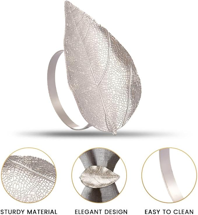 Decozen Set of 12 Silver Napkin Rings in Leaf Design, Festive, Table Decor Setting for Holiday, Wedding, Birthday, Kitchen, Home Decor, Housewarming Gift - Mothers Day Decorations