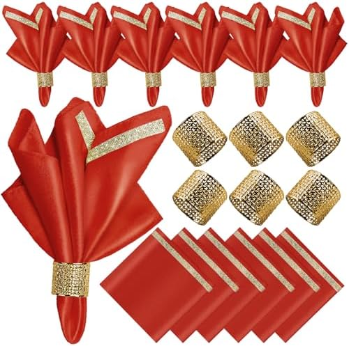 VIJIV 12 Pack Cloth Napkins and Gold Napkin Rings Set of 6, 17x17 Bling Trim Satin Cocktail Napkins Cloth Washable Personalized Dinner Napkins for Wedding Party Holiday Decorative by VIJIV