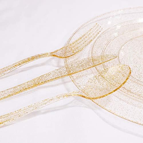 WELLIFE 300PCS Gold Glitter Plastic Plates, Gold Plastic Dinnerware Includes: 50 Dinner and 50 Dessert Plates, 150 Cutlery, 50 Cups for Party - Image 6