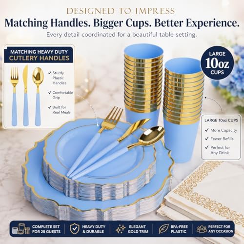Baby Blue & Gold Disposable Plates Dinnerware Set for 25 Guests, 175-Pc Heavy Duty Plastic Plates, 10 oz Cups, Cutlery & Napkins, BPA-Free Party Supplies for Baby Shower, Wedding & Birthday - Image 4