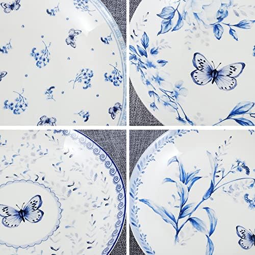 fanquare 8 Inch Pasta Bowls Set of 4, Porcelain Salad Plates for Desserts, Bread, Soup, Blue Floral Shallow Serving Plates - Image 3