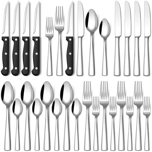 Stapava 24-Piece Silverware Set with Steak Knives, Food-Grade Stainless Steel Flatware Set for 4 Mirror Polished Cutlery Utensil Sets Include Dinner Knives Spoons and Forks Set Dishwasher Safe by StapavaSilverwareSet