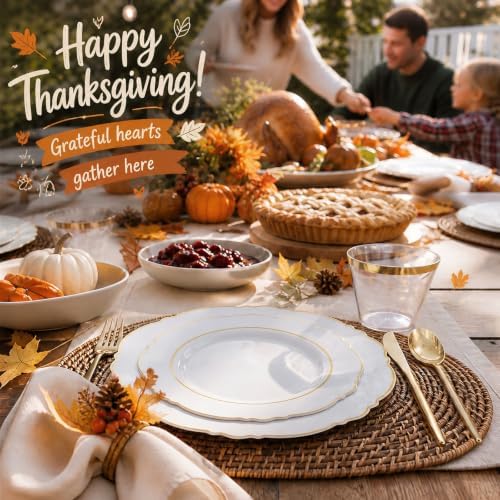 Liacere 150Pcs White Plastic Plates-White and Gold Disposable Plates Set-White and Gold Rim Disposable Plastic Dinnerware include 50Plates,25Pack Silverware and 25Cups for Thanksgiving/Fall Party - Image 6