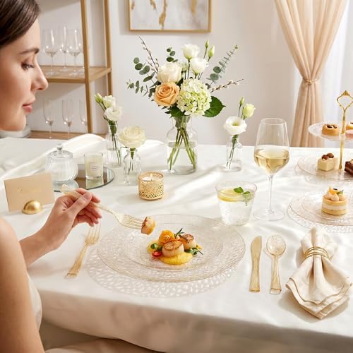 Rubtlamp 700Pcs Gold Glitter Plastic Dinnerware Set, Hammered Clear Plates, Fancy Plastic Plates Include 100 Dinner Platos, 100 Salad Platos, 100 Cups,100 Pack Pre Rolled Glitter plastic Silverware - Image 6