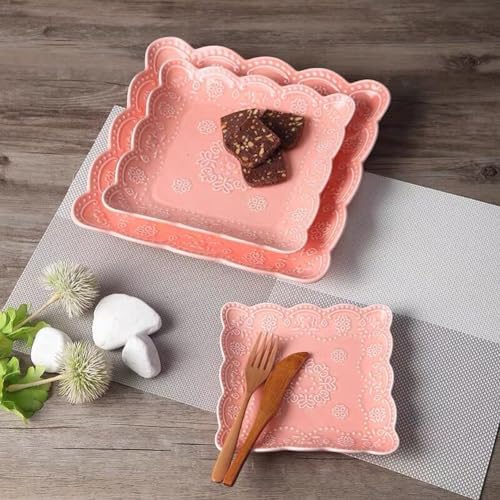 Ceramic Plate, Square Embossed Lace Plate (Pink, 8-inch) - Image 5