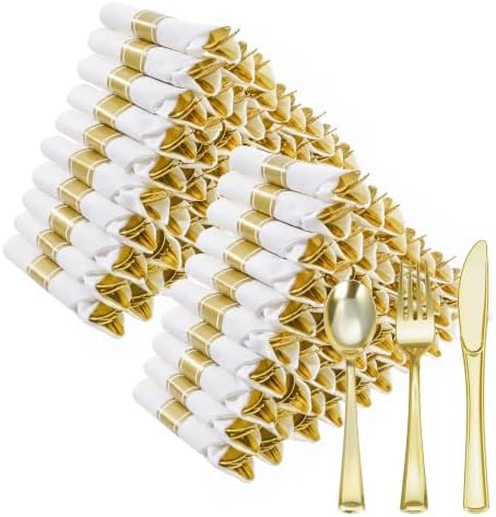 Goodluck 100 Pack Pre Rolled Gold Plastic Silverware, Wrapped Cutlery by GoodLuck