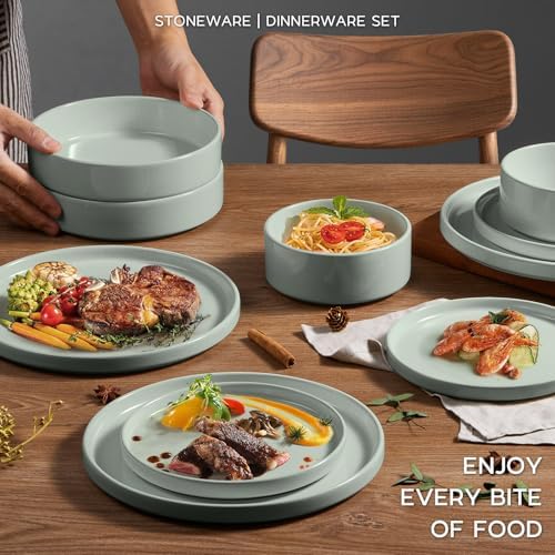 Onader Speckled Dinnerware Set for 4 with Pasta Bowl, 16 Piece Stoneware Plates and Bowls Dishes Set, Microwave & Dishwasher Safe – Pale Sage Green - Image 6