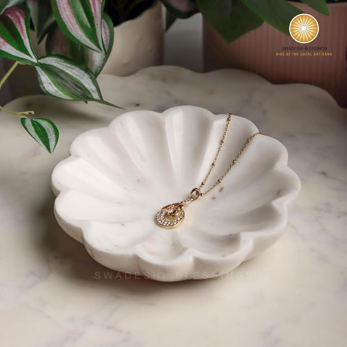 Handcrafted Marble Jewelry Tray, Decorative Trinket Dish for Rings Earrings Necklace Bracelet, Key Bowl, Ideal Gift for Mother Sister Daughter Friends, Birthday Wedding Christmas 5"