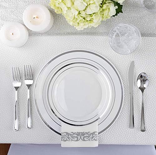 125-Piece White and Silver Fancy Plastic Plates Disposable with Silverware, Elegant Dinnerware for Weddings, Holiday Party China, Set of 25 Dinner + Salad Plates, 25 Spoons, 25 Forks, 25 Knives - Image 4