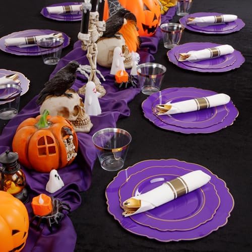 Liacere 175PCS Purple Plastic Plates-Disposable Purple and Gold - 25 guest Baroque Plastic Dinnerware include 50Plates,25Pack Pre Rolled Napkins with Silverware 25Cups for Wedding&Party＆Halloween - Image 2