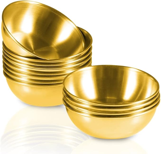 12 Pack 3.2inch Stainless Steel Sauce Dishes Mini Individual Saucers Bowl Round Seasoning Dishes Sushi Dipping Bowl Appetizer Plates, Golden