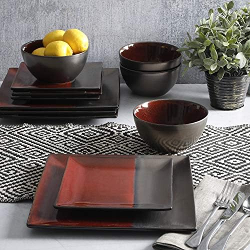 Gibson Elite Decadence 12 Piece Reactive Glaze Dinnerware Set Service for 4, Red with Reactive Metallic Color - - Image 5