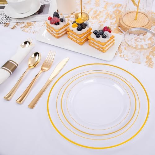 WELLIFE 210PCS Clear-Gold Plastic Plates - Dinnerware Sets for 30 Guests - 60 Disposable Plates, 90 Plastic Silverware, 30 Cups, 30 Napkins for Party - Image 4