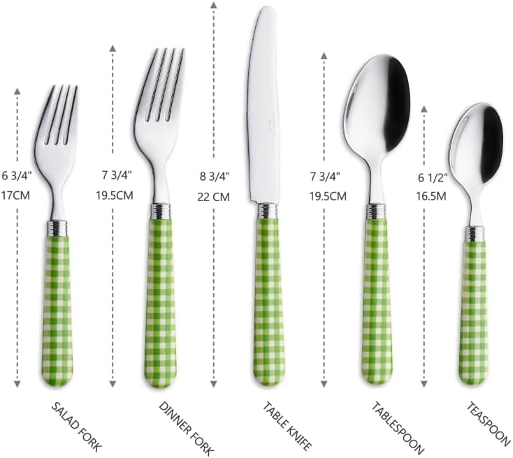 ANNOVA Silverware Set Stainless Steel Colorful Tableware Kitchen Flatware Set Utensils, Includes Dinner Knives, Forks, Spoons, Salad Forks & Dessert Spoons (Green/Checkered, 20 Pieces) - Image 3