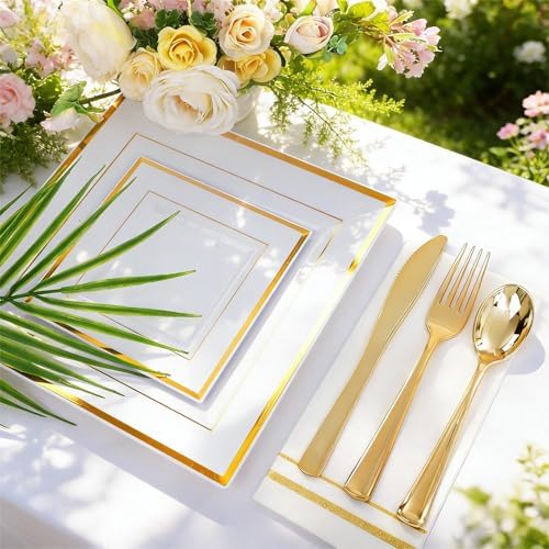 Festiva 350Pcs Gold Plastic Plates - Disposable Square Gold Plates Dinnerware set include 9.5"/6" Plates,Cups,Plastic Cutlery,Hand Napkins Perfect for 50 guests Party&Birthday&Wedding - Image 6