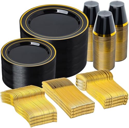 N9R 600PCS Black Gold Plastic Plates, Disposable Dinnerware Set for Party by N9RTABLEWARE