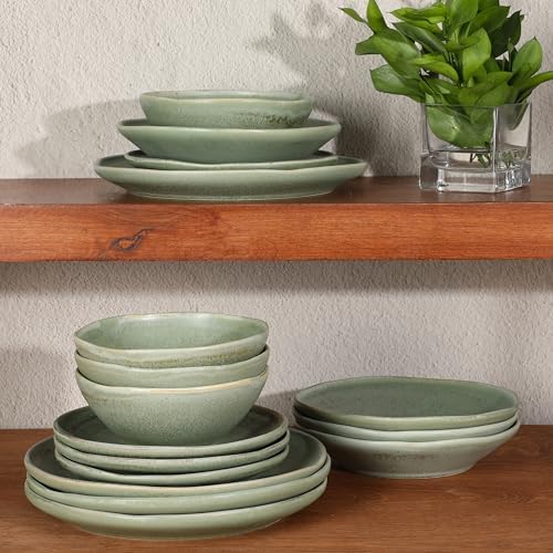 Gibson Elite Island Cove 16 Piece (Service for 4) Plates and Bowls Reactive Glaze Organic Round Dishes Stoneware Ceramic Dinnerware Set -Green - Image 3