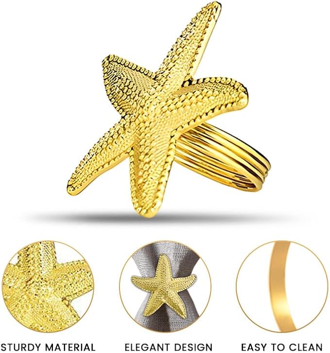 Decozen Set of 4 Gold Napkin Rings in Star Fish Design, Festive, Table Decor Setting for Holiday, Wedding, Birthday, Kitchen, Home Decor, Housewarming Gift - Mothers Day Decorations