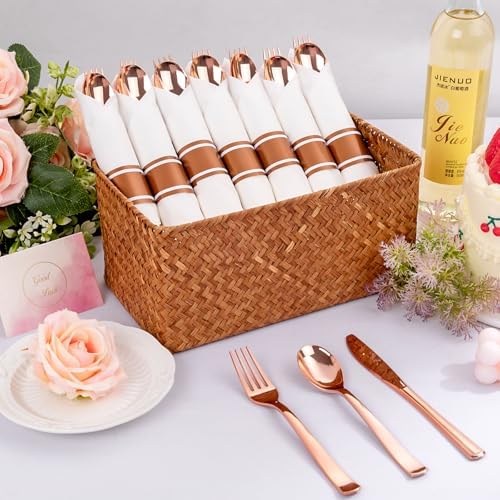 400PCS Pre Rolled Rose Gold Plastic Silverware Heavy Duty for Party - Image 4