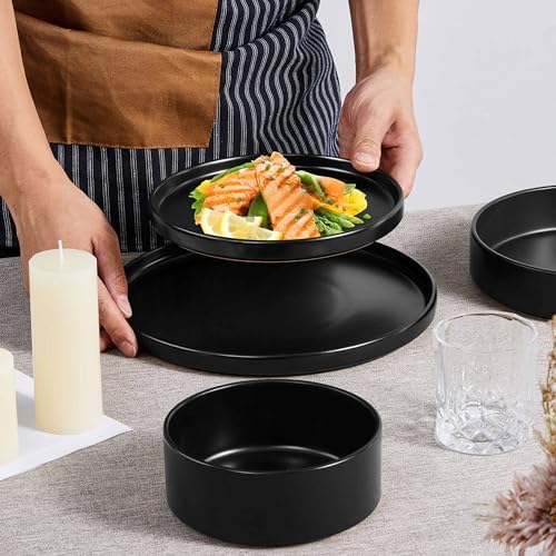Herogo Dinnerware Sets with Pasta Bowls for 2, 8 Piece Dinner Salad Plates and Cereal Bowls, Stoneware Serving Dishes Dinner Ware for Home Kitchen, Dishwasher & Microwave Safe Dishware, Matte Black - Image 4
