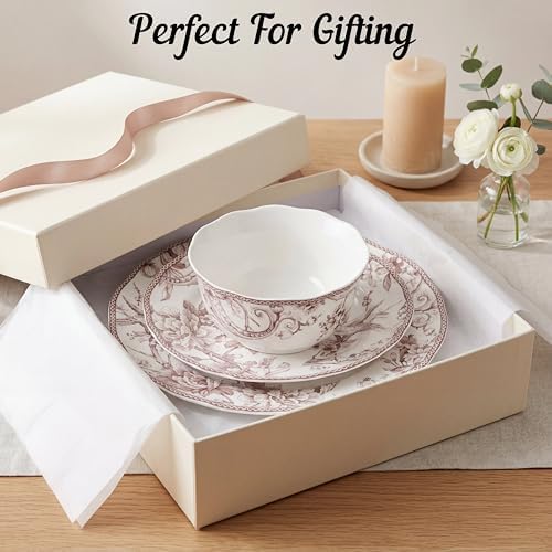 222 Fifth Adelaide Brown on White 12-Piece Dinnerware Set – Service for 4, Big Dinner Plates and Bowls Sets,Durable Porcelain, Microwave and Dishwasher Safe, for Everyday Dining & Entertainment - Image 5