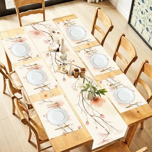 ANNA QUEEN Floral Table Runner and Placemats Set of 6, 13"x72" Beige Blossom Table Runner with 12"x18" Placemats, Flower Dining Table Decor for 4 to 6 People, Elegant Kitchen Set by ANNAQUEEN