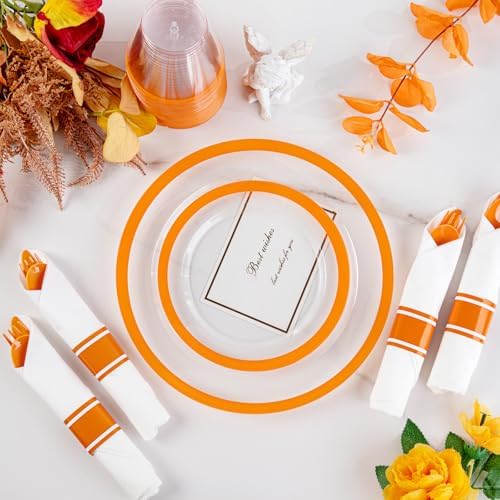 I00000 210 Pcs Clear Orange Plastic Dinnerware Set, Fancy Disposable Plates - Image 6