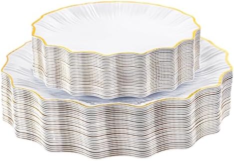 Rubtlamp Heavyduty 60Pcs Gold Plastic Plates - White Scalloped Plates with Gold Trim - Fancy plastic plates- 30 Dinner & 30 Dessert Platos for Party, Wedding (30 Guests) by Rubtlamp