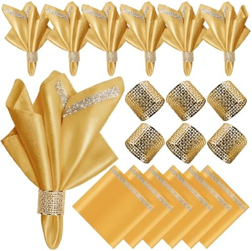 VIJIV 12 Pack Cloth Napkins and Gold Napkin Rings Set of 6, 17x17 Bling Trim Satin Cocktail Napkins Cloth Washable Personalized Dinner Napkins for Wedding Party Holiday Decorative by VIJIV
