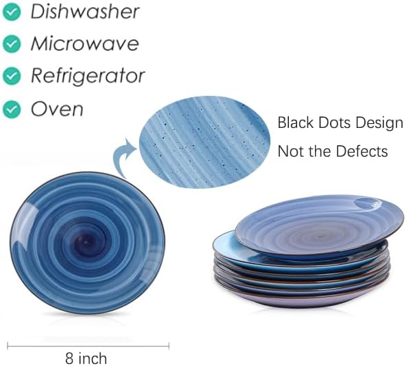 Selamica Ceramic 8 inch Dinner Plates, Small Dessert Salad Plates, Porcelain Serving Plate for Appetizer, Pancakes, Steak, Set of 6, Black Speckles, Gradient Blue - Image 2