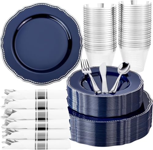Hioasis 175 Pcs Blue Silver Plastic Plates Wedding & Party by Hioasis