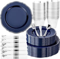 Hioasis 175 Pcs Blue Silver Plastic Plates Wedding & Party by Hioasis