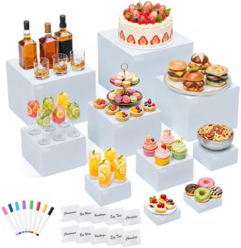 10 Pcs White Buffet Risers with Mini Sign and Marker, Food Risers Display Stands for Buffet Table Party Catering Dessert Jewelry Collectibles,Cube Nesting Boxes with Hollow Bottoms 8 Sizes (10" 9" 8" 7" 6" 5" 4" 4" 3" 3") by URLINE