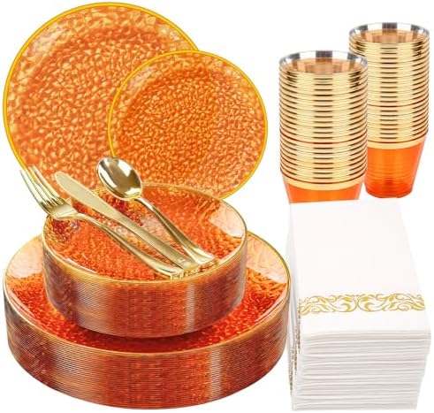 Rubtlamp 175 Pcs Plastic Dinnerware Set (25 Guests), Orange And Gold Plastic Plates, Hammered Party Plates Set Include Dinner Plates, Dessert Plates, Cups&Cutlery Set And Napkins for Wedding And Party by Rubtlamp