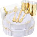 Nervure 175Pcs White and Gold Plastic Plates, Dinnerware Set for 25 Guests by Nervure