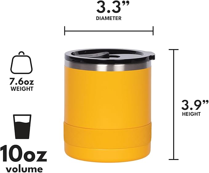 Elemental Recess Lowball Tumbler, 10oz Triple Wall Stainless Steel Cup with Non-Shattered Tritan Lid, Insulated Whiskey Glass, Insulated Coffee Tumbler Mug for Hot & Cold Drinks - Citrus
