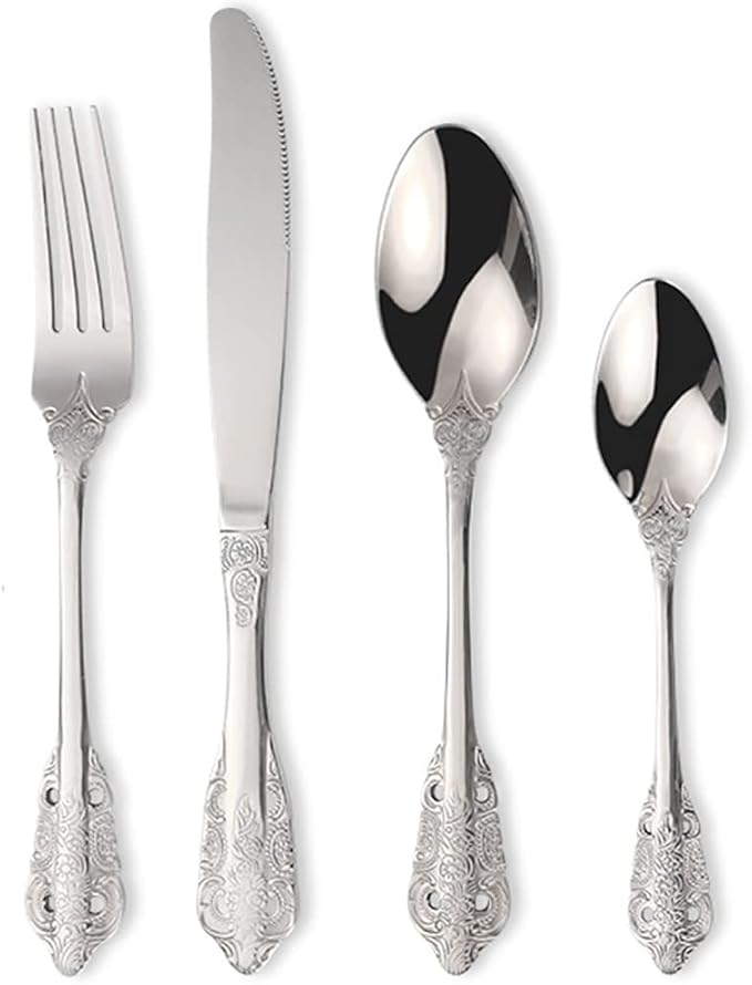 Vintage Silverware Flatware Set for 12, European Classic Style 48 Pieces Stainless Steel Tableware Cutlery Set,Fine Kitchen Utensils for Wedding Restaurant Hotel Christmas