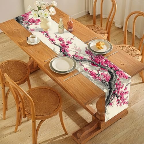 ANNA QUEEN Floral Table Runner and Placemats Set of 6 – 13"x72" Table Runner & 12"x18" Placemats, Cherry Blossom Ink Style Elegant Zen Dining Decor - Image 7