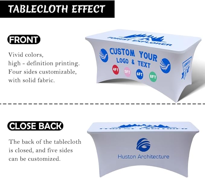 Personalized Table Cloth with Logo Image Customized Tablecloth 4FT/5FT/6FT/8FT Spandex Customized Table Cover Promotional Business Tradeshow Events Birthday Party Wedding (4FT Spandex(Closed back))